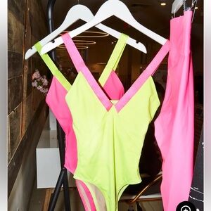 Heroine Sport x Tracy Anderson Neon Pink and Neon Yellow bodysuit, Size small
